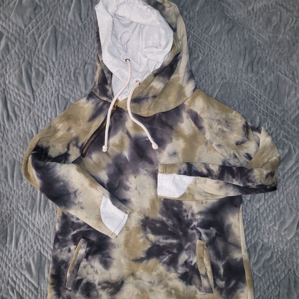 Ampersand olive and black tye-dye double hoodie with gray hood